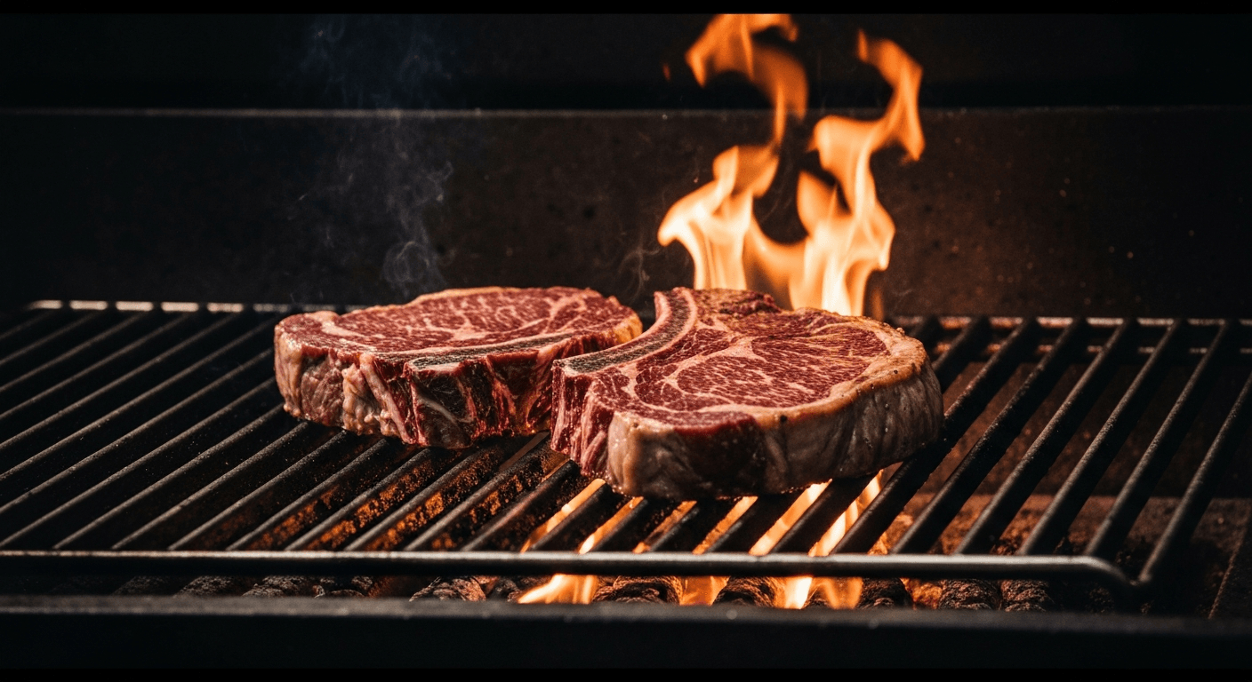 Premium Sonoran ribeye steak on charcoal grill